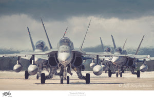 head-on view of CF-18 Hornets on a runway in Bagotville, Quebec.